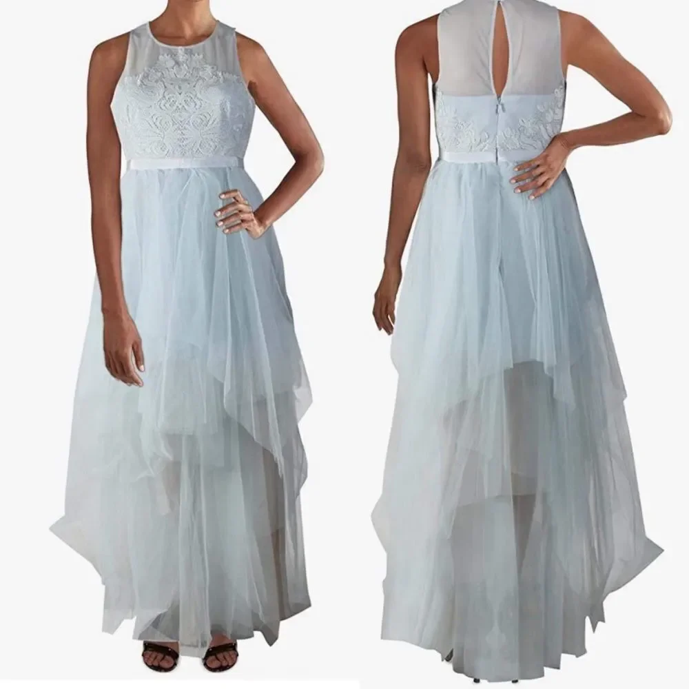 BCBGMAXAZRIA Sleeveless Embroidered Tulle Evening Gown Maxi Dress Light Blue 6